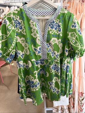 Green Floral Peasant Top with Blue Trim